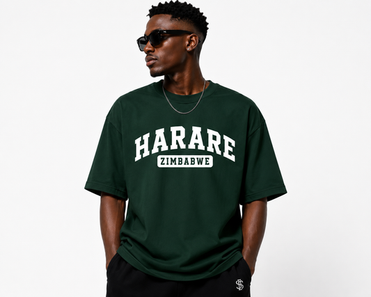 Harare Zimbabwe Oversized T-Shirt – White & Emerald | Simira Zimbabwe