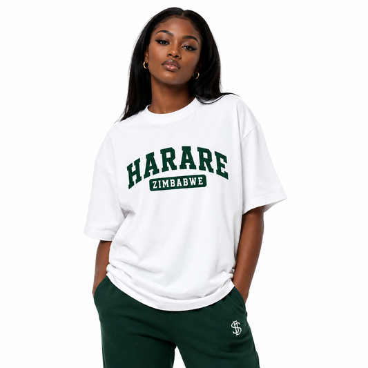 Harare Zimbabwe Oversized T-Shirt – White & Emerald | Simira Zimbabwe