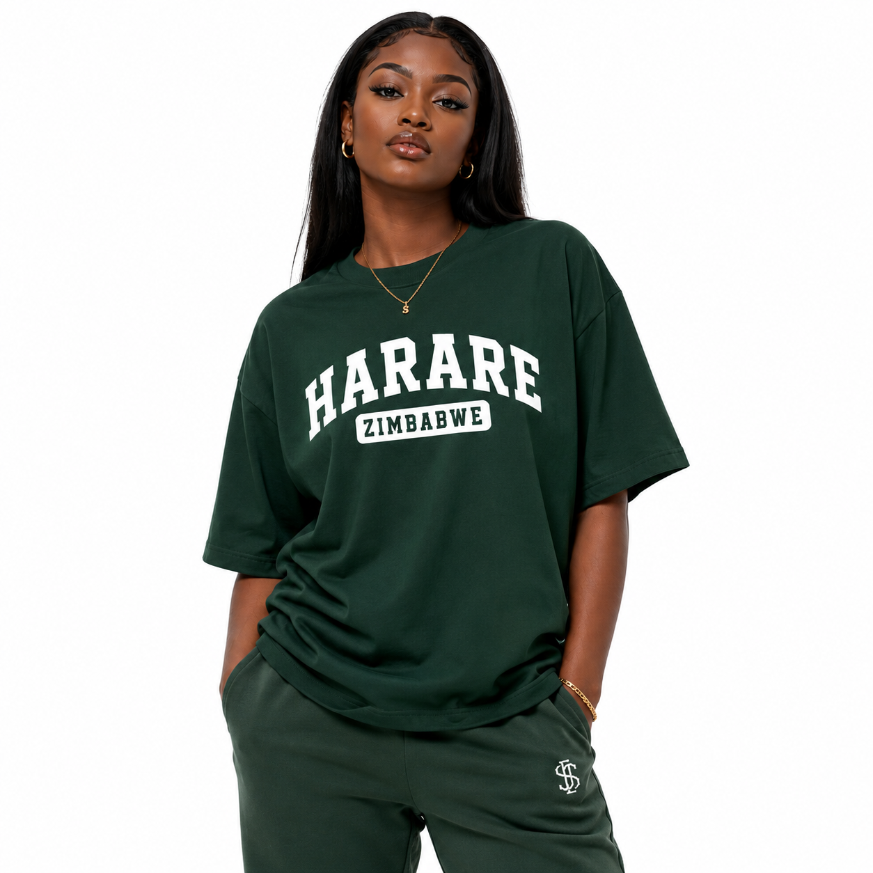 Harare Zimbabwe Oversized T-Shirt – White & Emerald | Simira Zimbabwe